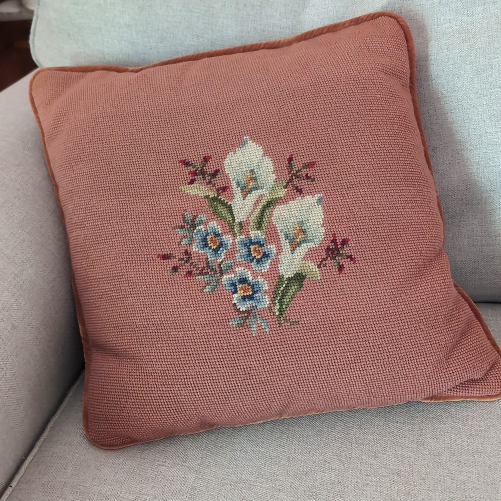 Vintage Needlepoint Pillow 16x16 Floral Calla Lily Velvet Back Cottagecore Decor